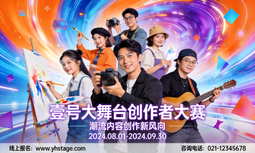 壹号大舞台创作者大赛宣传海报，展示潮流内容创作新风向