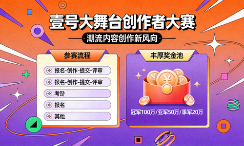 壹号大舞台创作者大赛宣传海报，展示潮流内容创作新风向、参赛流程与丰厚奖金池