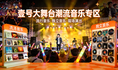 壹号大舞台潮流音乐专区展示，包含各类流行音乐、独立音乐和现场演出内容