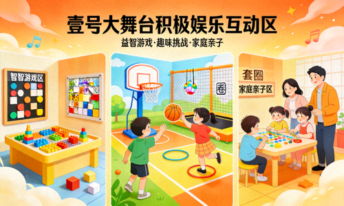 壹号大舞台积极娱乐互动区，包含益智游戏、趣味挑战和家庭亲子内容